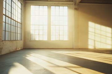 Poster - This serene image captures soft light filtering through large windows in an empty room, creating tranquil shadows and a bright ambiance. Perfect for design.