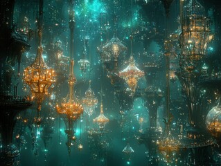a celestial palace floating above a glowing sea of clouds. the palace is adorned with golden towers 
