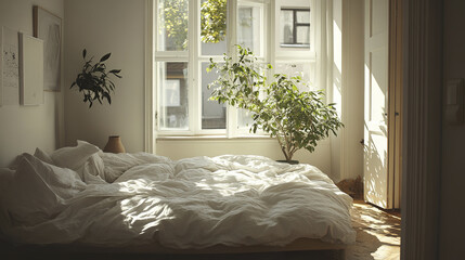 Canvas Print - Cozy bedroom with white bed and sunlight through windows