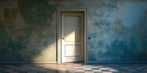 Sticker - A vintage door partially open, casting sunlight into an abandoned room with textured walls and a checkered floor.