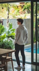 Poster - Young man in white hoodie admires lush garden and pool from minimalist indoor space