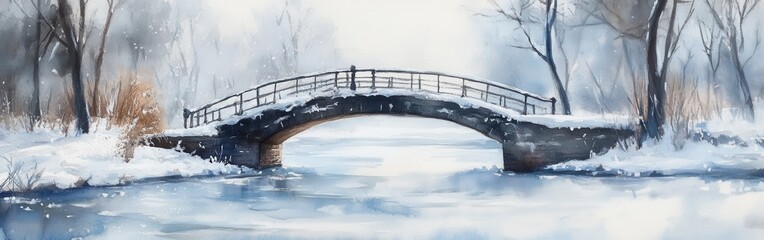 Fototapete - Winter stillness on a picturesque bridge over a frozen river blanketed in snow