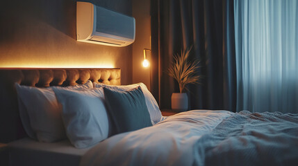 Canvas Print - Cozy bedroom with plush linens and soft lighting creates serene atmosphere