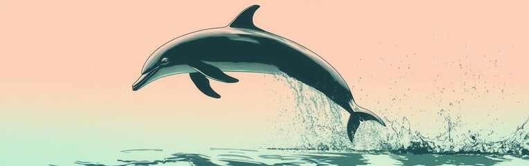 Aufkleber - Dolphin gracefully leaps from the water, showcasing a stunning silhouette amid coral and green hues