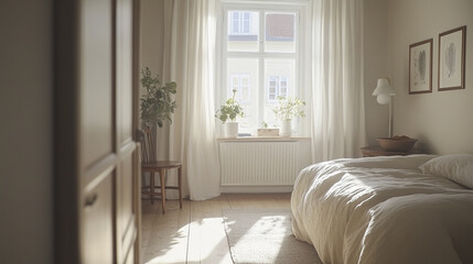 Canvas Print - Bright Scandinavian bedroom with large window and soft daylight