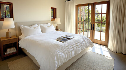 Canvas Print - Cozy bedroom with white bedding and wooden accents, sunlight streaming in