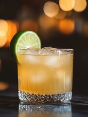 Poster - Refreshing close-up of a glass of lemonade with lime and ice on a warm summer day