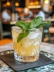 Poster - Refreshing glass of lemonade with mint leaves and ice for a summer experience at a vibrant cafe