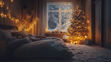 Canvas Print - Cozy bedroom with frosty window and lit Christmas tree