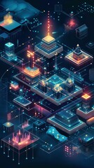 Poster - Explore a vibrant isometric abstract representation of interconnected digital landscapes, highlighting data flows and network dynamics.