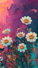 Poster - Surreal artistic interpretation of daisies with teal petals and golden centers against a bold magenta sky