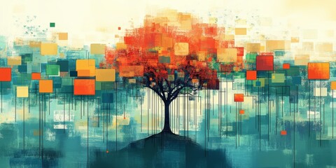 Poster - This abstract artwork features a vibrant tree surrounded by colorful data blocks, representing the concept of big data in a stunning visual form.
