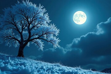 Wall Mural - Frosty branches stretch towards the moonlit sky, cold, serene