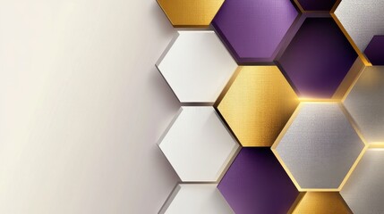 Fototapete - Sophisticated geometric design with overlapping hexagons in gold, silver, and deep purple under soft lighting gradient