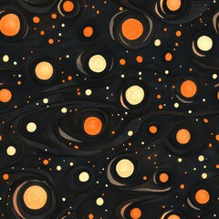 Poster - Whimsical watercolor doodle pattern featuring black holes and radiant orange event horizons in a cosmic design