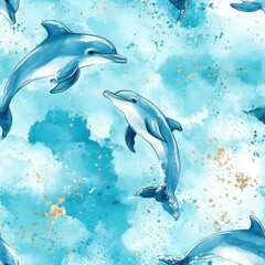Poster - Playful dolphins leap through vibrant turquoise water with accents of gold in whimsical watercolor doodle design