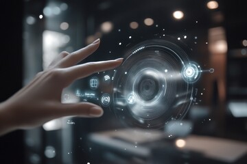 Poster - Hand interacting with futuristic holographic interface.