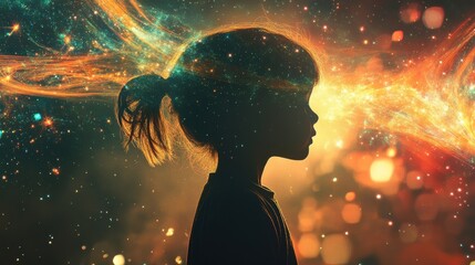Poster - Child immersed in a cosmic wonder illuminated by radiant stars and swirling trails of light