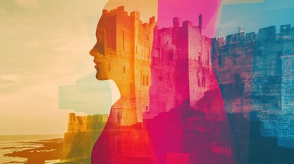 Poster - vibrant double exposure showcasing market trends and a fortress silhouette symbolizing financial sec