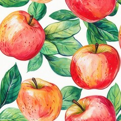 Poster - Vibrant doodle cartoon drawings of juicy red apples and green leaves in watercolor style