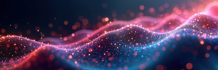 Poster - Abstract digital background shows glowing particles creating wavy shapes. Dynamic pattern resembles flowing data energy. Vibrant colors blend into futuristic design. Suitable for tech, AI design