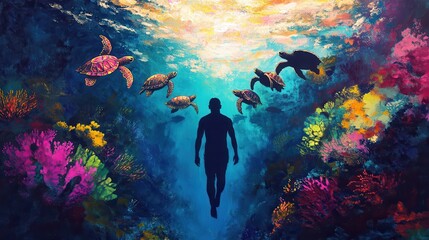Poster - Vibrant silhouette of a man surrounded by glowing sea turtles in a coral garden under radiant colors