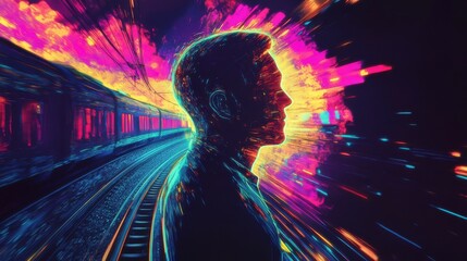 Poster - Vibrant silhouette of a man illuminated by glowing train tracks merging with a high-speed locomotive during twilight