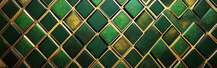 Poster - Vibrant textured geometric pattern featuring interlocking diamonds in emerald green, lime green, and gold