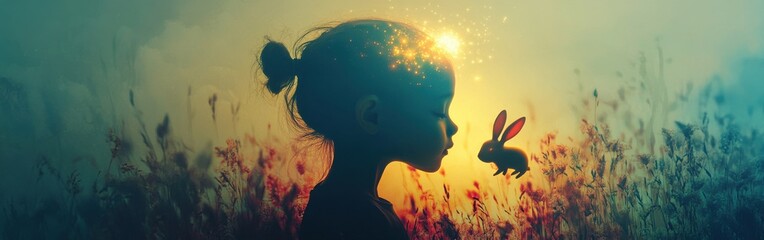 Poster - Surreal visualization of a child's profile with a glowing rabbit in a radiant meadow
