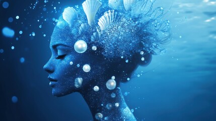 Leinwandbilder - Radiant woman merging with ocean elements, glowing pearls and seashell patterns create a surreal underwater elegance