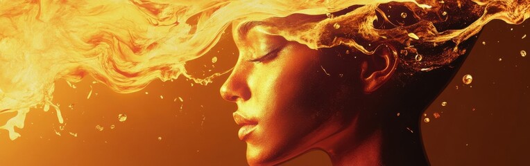 Leinwandbilder - Surreal model's face illuminated with radiant ink splashes blending into abstract art background