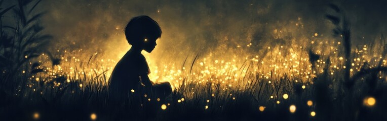 Poster - Silhouette of a child surrounded by glowing fireflies in a dark meadow during twilight