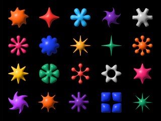 Aufkleber - 3d y2k brutalism shapes of abstract stars and flowers. Vector graphic liquid geometric figures on black background. Retro futuristic glossy stars, flowers or sparks y2k shapes with liquid metal effect