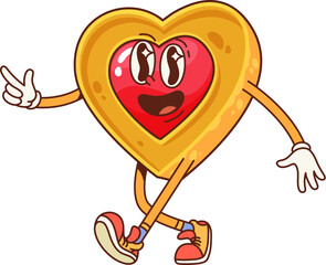 Sticker - Cartoon heart-shaped cookie groovy character with jam center. Funny vector dessert, crumbly bakery personage in trendy hippie sneakers cheerfully walking. Vintage bake house product with smiling face