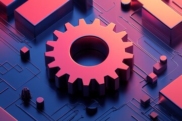 Poster - a 3d illustration of a gear on a circuit board, showcasing modern technology with vibrant red and bl