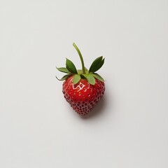 Poster - Ripe strawberry with green leaves resting on a white background showcasing its vibrant color and freshness