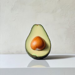 Poster - Ripe avocado half with creamy green flesh and large brown seed displayed on clean white surface