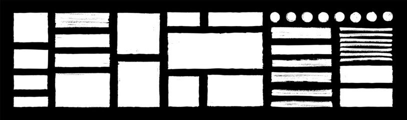 Leinwandbilder - White vector rough edge rectangles on black background. Grunge torned square highlights, overlays collection. Paint brush strokes. Hand-drawn ripped papers for collage. Grungy border dialog text boxes