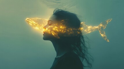 Aufkleber - Silhouette of a woman merging with a glowing whale in a tranquil ocean environment
