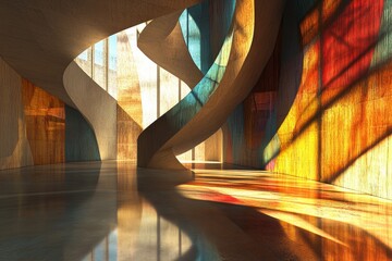 Poster - Explore a vibrant abstract interior space filled with light, colors, and creative forms. This visual masterpiece showcases dynamic curves and reflections.