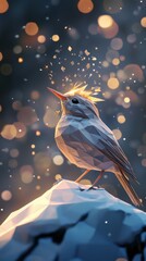 Wall Mural - A bird with a crown on its head is standing on a snowy rock. The image has a dreamy, whimsical feel to it, as if the bird is a magical creature