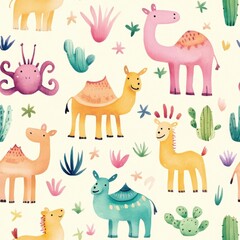 Leinwandbilder - Colorful doodle cartoon pattern featuring camels, scorpions, and cacti in cheerful pastel hues for playful designs