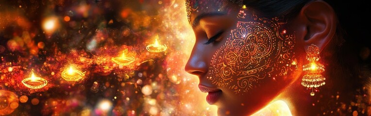 Aufkleber - Mystical woman's face adorned with Diwali patterns and glowing lamps symbolizing light and prosperity