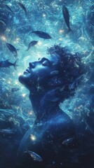 Leinwandbilder - Mystical silhouette of a man filled with glowing ocean waves and radiant fish swimming through contours