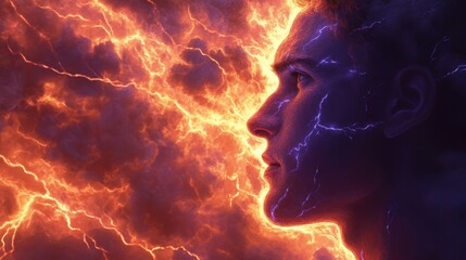 Poster - Mystical profile of a man surrounded by glowing storm clouds and dramatic lightning energy