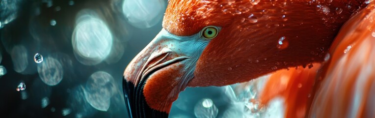 Poster - Close-up capture of a flamingo highlighting its vibrant colors and elegant beak against a softly blurred watery backdrop