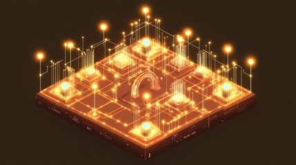 Poster - explore a detailed isometric projection showcasing network nodes illuminated with a big data concept