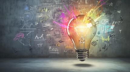 Aufkleber - Oversized glowing light bulb illuminates industrial space filled with creative diagrams and motivational words