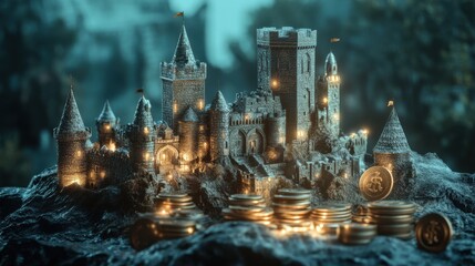 Poster - fortress of financial stability built on investment strategies and glowing symbols of wealth shining
