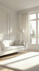 Wall Mural - a white couch is in a room with a window. the window is open and there is a lamp on a table